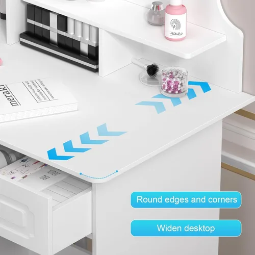 Miniatura 6 de Pequeño escritorio de maquillaje con espejo LED deslizante y almacenamiento oculto, juego de mesa de tocador con cajón de almacenamiento y silla