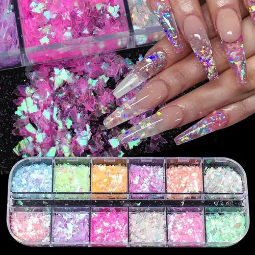 12 rejillas de lentejuelas de uñas con purpurina, lentejuelas de uñas de acrílico 3D holográficas, copos de uñas de sirena irregulares, lentejuelas