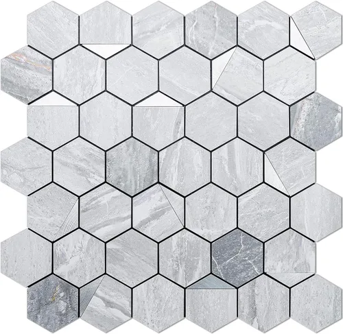Miniatura 10 de DICOFUN 1 lámina de loseta adhesiva en muro de mármol gris largo octogonal, azulejos adhesivos de piedra falsa de PVC con metal plateado para pegar
