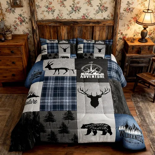 Miniatura 173 de Juego de edredón de cuernos de ciervo tamaño individual, juego de ropa de cama rústica de granja con huellas de oso y pinos para decoración