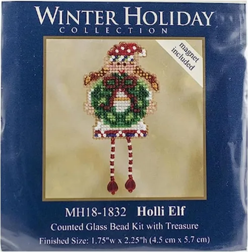 Miniatura 2 de Oli Elf and Holli Elf - Kit de adornos navideños de punto de cruz con cuentas de elfo y holli, colección de vacaciones de invierno de Mill Hill, más