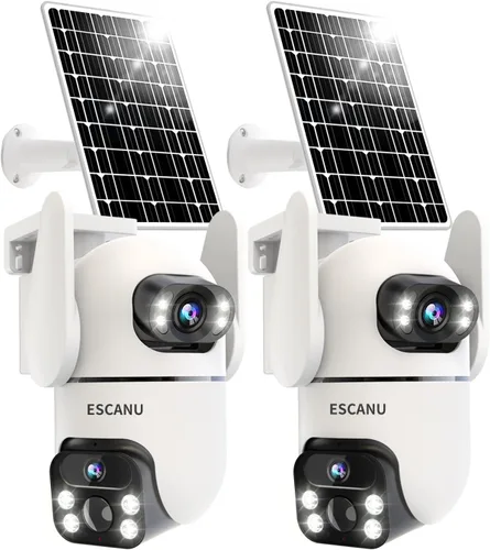 ESCANU Cámaras de seguridad solares inalámbricas para exteriores, cámaras para seguridad del hogar con doble lente, panorámica/inclinación de 360°,