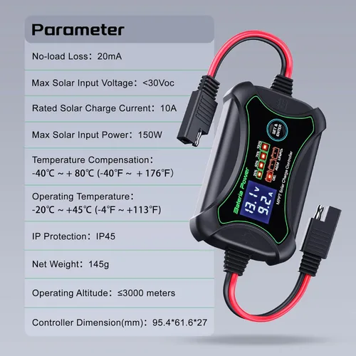 Miniatura 7 de Bateria Power Controlador de carga solar MPPT de 10 amperios y 12 voltios, controlador de panel solar portátil inteligente, regulador solar