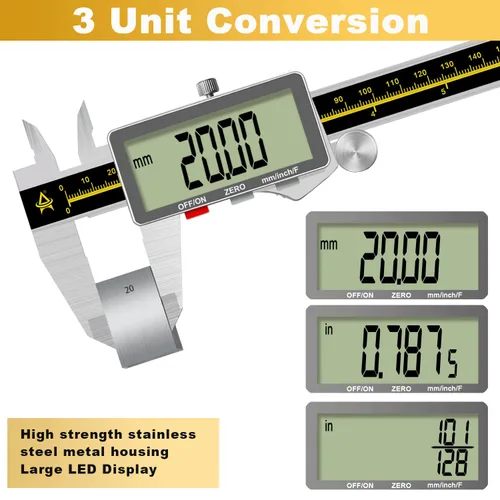 Miniatura 4 de Calibre digital, herramienta de medición Vernier de 0 a 6 pulgadas, micrómetro electrónico con pantalla LCD grande, calibrador métrico de metal