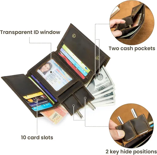 Miniatura 3 de BAIGIO Billetera de cuero genuino con cadena para hombre, con bloqueo RFID, triple pliegue, regalo para el padre