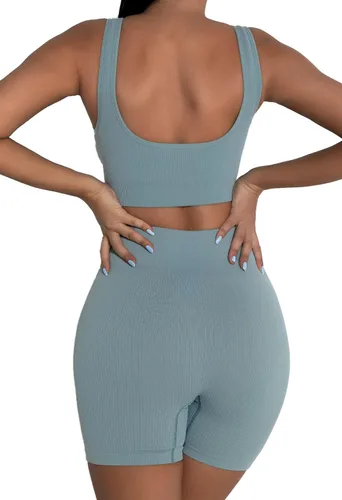 Miniatura 6 de fatty tiger Conjuntos de entrenamiento acanalados para mujer, 2 piezas, trajes de gimnasio, ombligueras, pantalones cortos de cintura alta