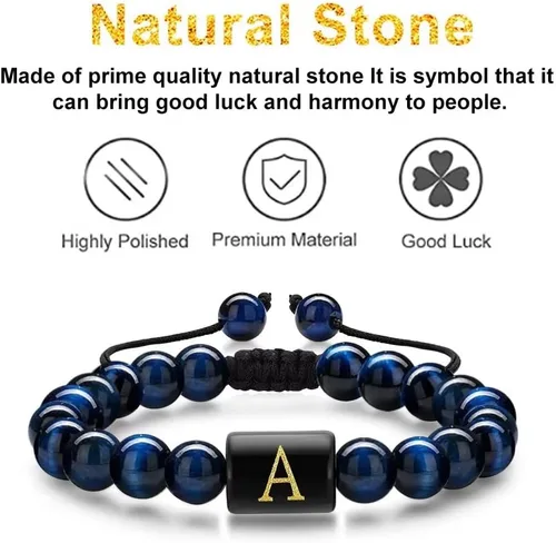 Miniatura 4 de Pulseras de cuentas con iniciales para hombres, regalos de 0.315 in, ojo de tigre, piedra de lava y roca para hombre, pulsera de cuentas de yoga