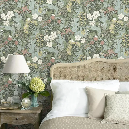 Miniatura 2 de HeloHo Papel tapiz verde para despegar y pegar, diseño bohemio, floral, autoadhesivo, extraíble, impermeable, papel de contacto para sala de estar