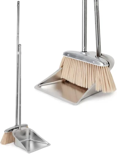 Juego de escoba y recogedor VOOW para el hogar, juego de escoba y recogedor de acero inoxidable con mango largo, juego de escoba y recogedor Juego