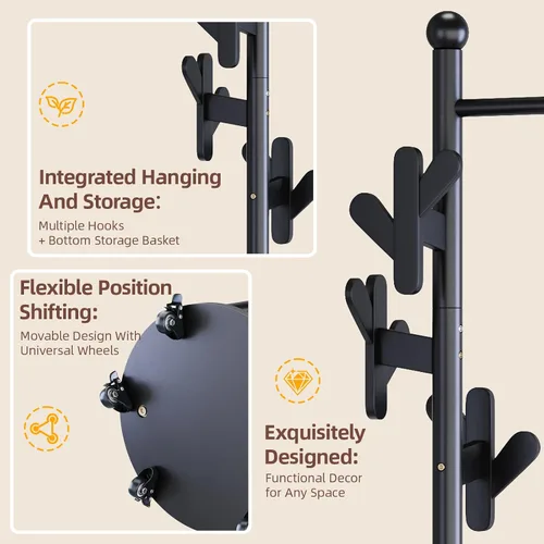 Miniatura 3 de CozyDH Perchero de madera con soporte para paraguas y ruedas, perchero independiente con múltiples ganchos, resistente para entrada, dormitorio