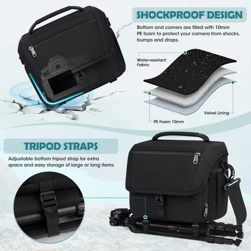 Miniatura 4 de RAINSMORE - Bolsa para cámara, estuche para cámara DSLR/SLR/sin espejo con soporte para trípode, bolsa de bandolera impermeable para fotógrafos