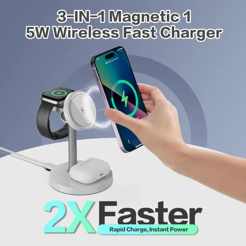 Miniatura 3 de Estación de carga inalámbrica 3 en 1 compatible con MagSafe, soporte de cargador magnético Mag-Safe de carga rápida de 15 W para Apple iPhone 17 16