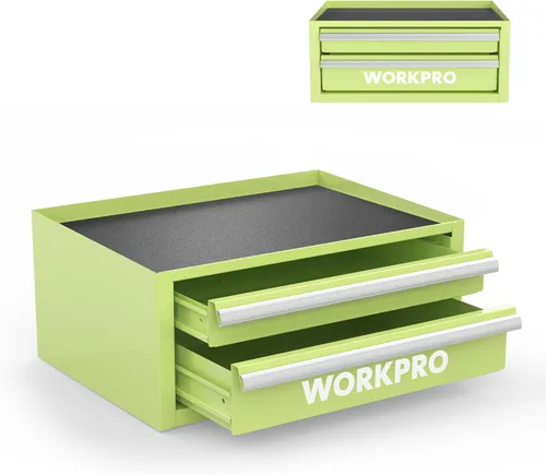 WORKPRO Mini caja de herramientas de 12.5 pulgadas con 2 cajones y 1 almacenamiento superior abierto, pequeño baúl de herramientas de metal con