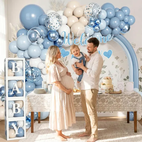 Miniatura 6 de 153pcs Dusty Blue Balloon Baby Shower Decorations for Boy Blue White Sand Balloon Arch Kit Baby Boxes with Letter Welcome Baby Banner for Wedding