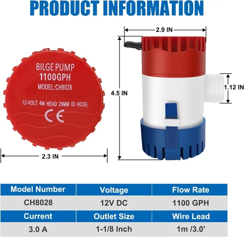 Miniatura 4 de Bomba de sentina de 1100 GPH de 12 V, bomba de sentina sumergible para barcos y aplicaciones marinas de 1-1/8 pulgadas de salida para barcos