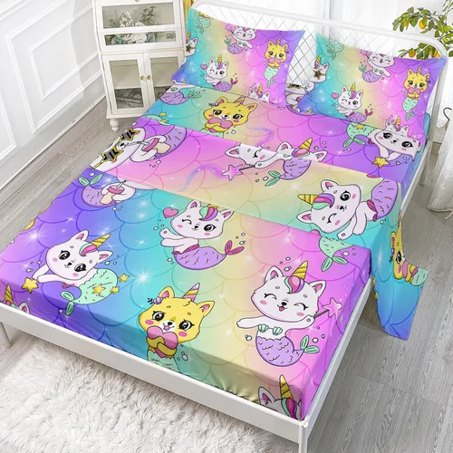 Miniatura 31 de Axolotl Juego de sábanas de gato negro de dibujos animados tamaño full, diseño de estrellas y luna impreso, ropa de cama para niños para decoración