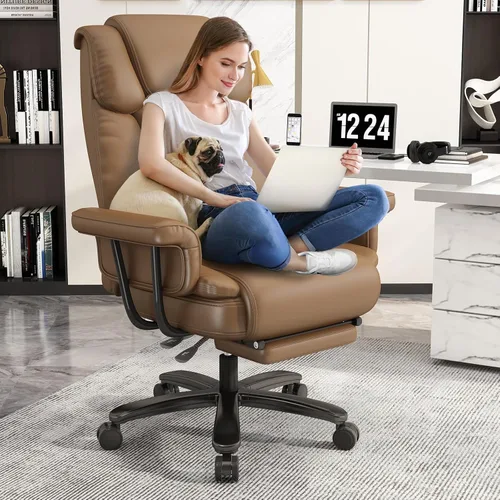 Miniatura 12 de GYI Silla de oficina reclinable 160 con reposapiés, silla de escritorio grande y alta, color negro Asiento con patas cruzadas, respaldo alto, piel