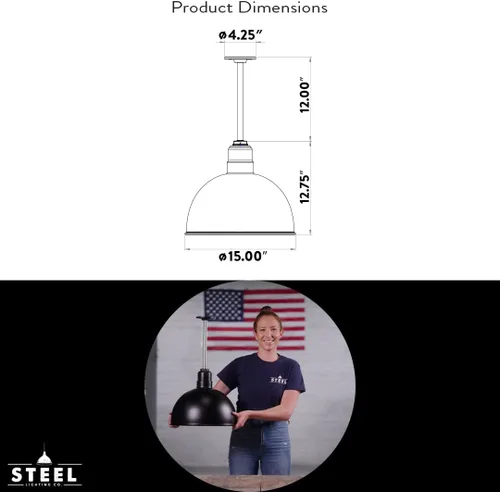 Miniatura 8 de Steel Lighting Co. Colgante de cuenco rosa Lámpara montada en el techo Cúpula de 15 pulgadas vástago de 12 pulgadas Estilo granero de acero