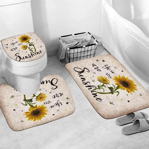Miniatura 4 de AZHM Juego de 4 cortinas de ducha de girasol con alfombras You are My Sunshine, juego de cortinas de baño con 12 ganchos