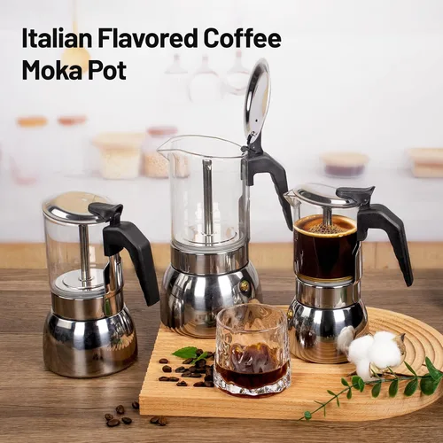 Miniatura 8 de Cafetera de 4 tazas de vidrio transparente, olla de moka de acero inoxidable 304 espesado para estufa, máquina de café italiana, cafetera Greca