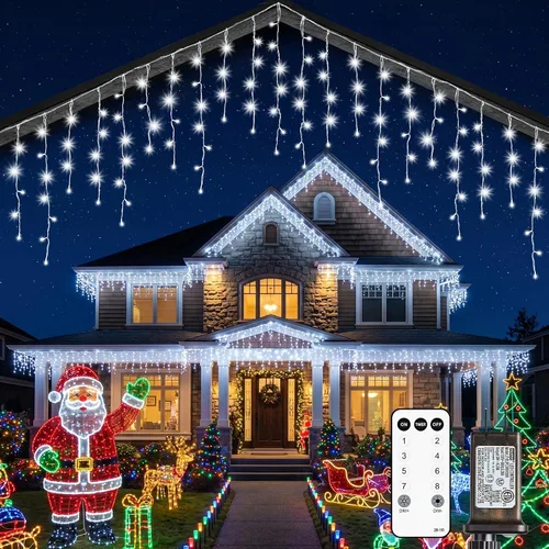 Luces de Navidad de carámbano para exteriores, 40 pies, 432 LED, impermeables, para exteriores, 8 modos de iluminación, con control remoto,