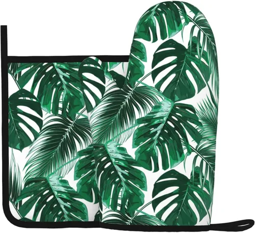 Juego de guantes de cocina de silicona con diseño de hojas de palma verde tropical, juego de 2 piezas, antideslizante, resistente al calor, para