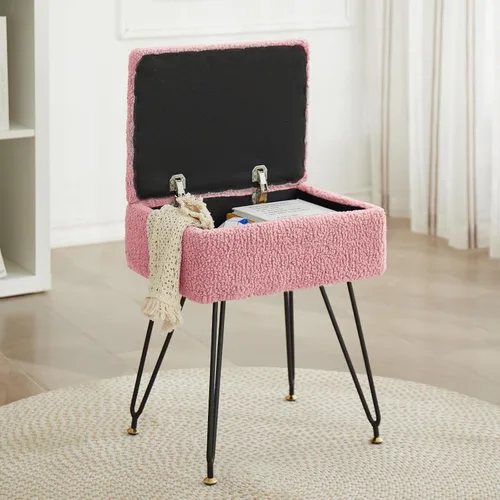 Miniatura 13 de Taburete de tocador, taburete otomano de piel sintética de peluche con patas de metal y pies negros ajustables, silla de maquillaje con Blanco