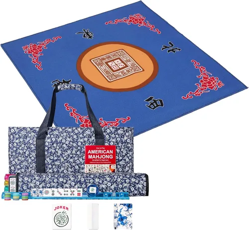 American Mahjong - Juego de 166 azulejos acrílicos de alta calidad con estampados azules, tapete Mahjong con 3 dados gratis y bolsa de transporte