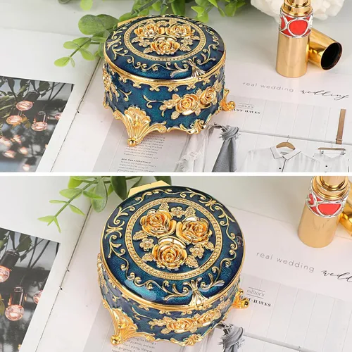 Miniatura 9 de Hipiwe Joyero de metal antiguo para anillos, aretes, caja de tesoros, caja pequeña de baratija, caja redonda de exhibición de joyas, organizador