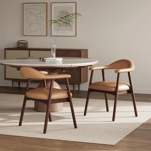 MALOL Juego de 2 sillas de comedor de cuero con reposabrazos, silla de comedor tapizada con respaldo curvado y patas de madera, sillas de cocina