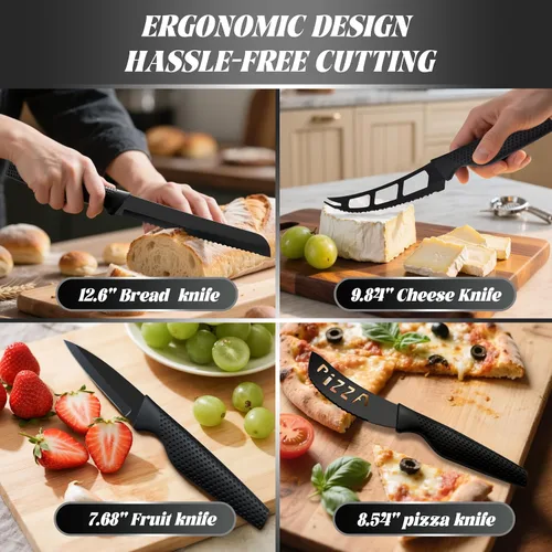 Miniatura 4 de Juego de 20 cuchillos de cocina con bloque, acero inoxidable alemán, apto para lavavajillas, mango antideslizante, color negro