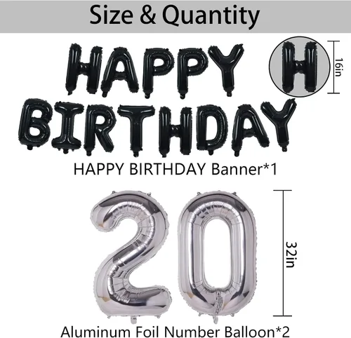 Miniatura 5 de Decoraciones de fiesta de cumpleaños color negro y plateado para niños y niñas, suministros de fiesta de cumpleaños número 14 con pancarta negra
