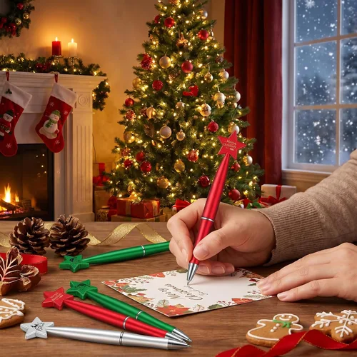 Miniatura 6 de Cholemy 150 bolígrafos de Navidad con estrella, bolígrafos navideños a granel, regalos de 0.039 in, bolígrafos de tinta negra para adultos, fiesta