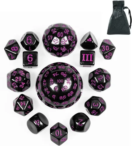 Miniatura 10 de Juego completo de 15 dados poliédricos DND D3-D100 con bolsa de dados de ojo de dragón, dados D100 para juegos de mesa RPG (negro con números azules)