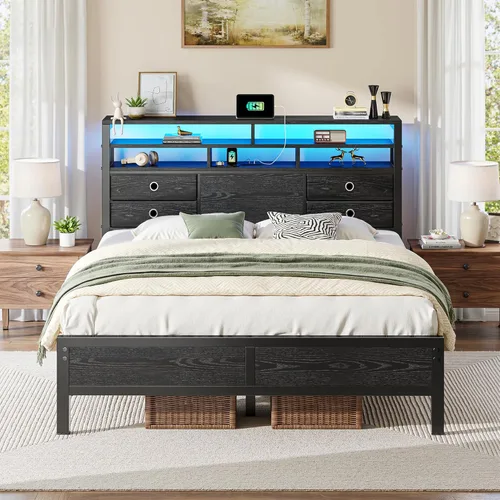 Homkdom Base de cama de tamaño matrimonial con cabecera de almacenamiento de 3 niveles y 4 cajones, marco de cama matrimonial con luces LED y