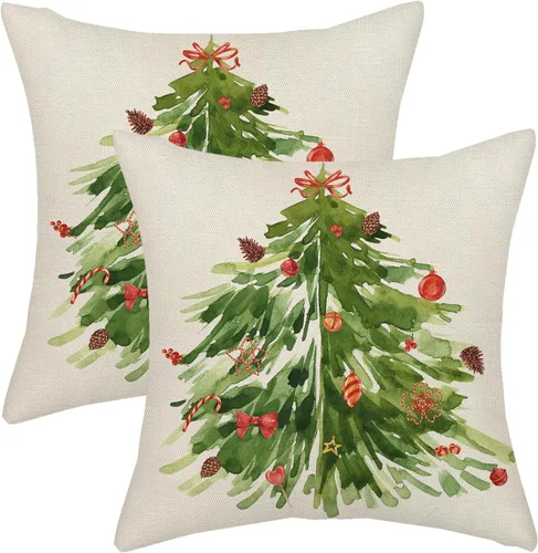 AGAYNA Juego de 2 fundas de almohada decorativas con diseño de acuarela verde salvia para árbol de Navidad de 16 x 16 pulgadas, para sofá, invierno,
