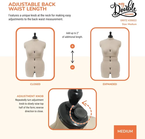 Miniatura 7 de Dritz My Double Designer Forma de Vestido Ajustable Mediana, Tallas Femeninas US 14–20, Maniquí de Costura con Torso Corporal Pinchable, 13 Diales