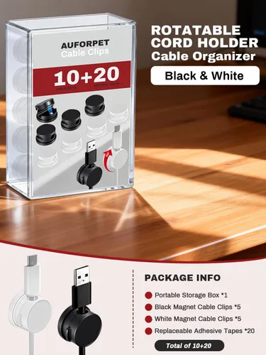 Miniatura 4 de Paquete de 10 soportes magnéticos giratorios con caja, clips giratorios de 360° para mesita de noche, con adhesivo fuerte sin residuos