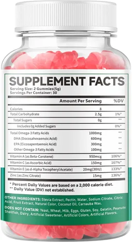 Miniatura 9 de Paquete de 2 gomitas Omega-3 de 1000 mg, aceite de pescado alternativo de Omega 3 para adultos, DHA a base de algas de 600 mg y EPA 300 mg +