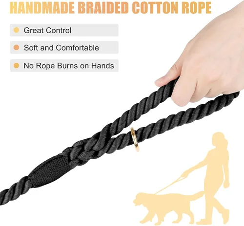 Miniatura 3 de Correa para perro de 5 pies hecha a mano de cuerda de algodón trenzada para perros pequeños, medianos y grandes, cierre de metal dorado resistente