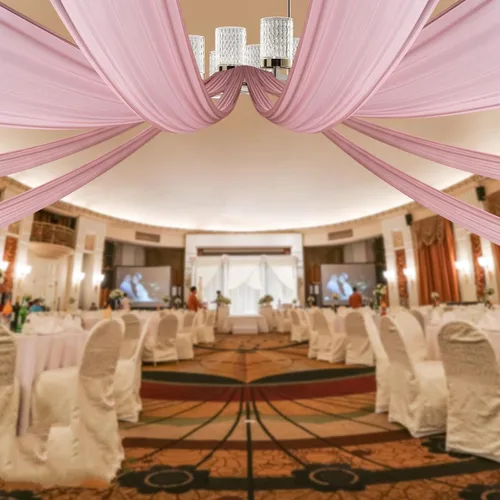 Cortinas de techo de gasa para bodas, 6 paneles de 5 x 20 pies de largo, color rosa polvoriento, tela drapeada, decoración para salas de recepción,