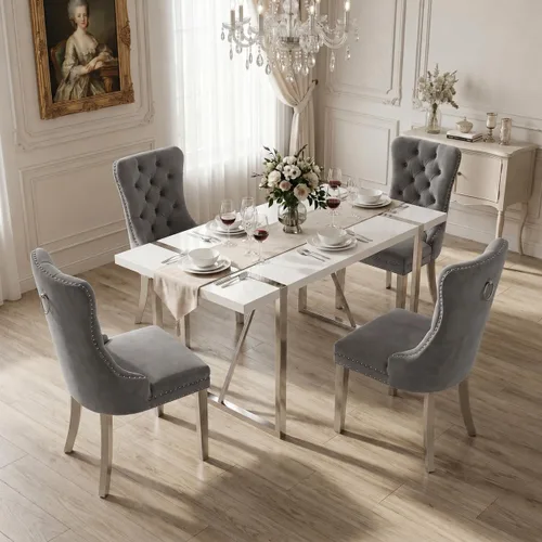 Miniatura 16 de Juego de mesa de comedor negra para 4, parte superior negra brillante de 55 pulgadas con patas de metal dorado, juego de mesa de comedor moderno