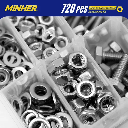 Miniatura 4 de MINHER Kit surtido de 720 tornillos y tuercas M4 M5 M6, acero inoxidable 304 (18-8), tornillos hexagonales tuercas y arandelas, incluye 15 tamaños