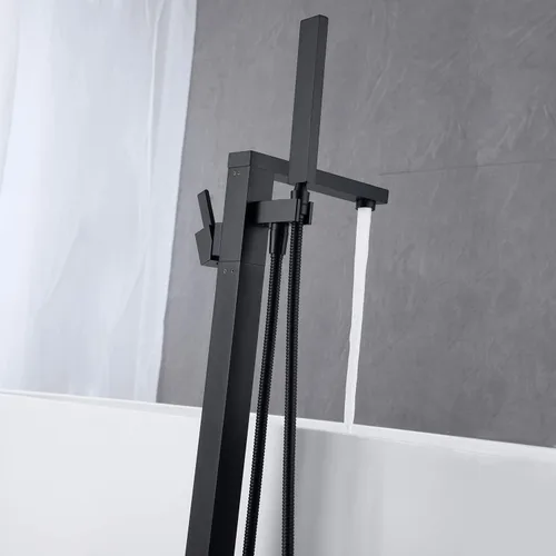 Miniatura 5 de Wowkk Grifo de bañera independiente Llenador de bañera Negro Montaje en el piso Grifos de baño Latón Manija única con ducha de mano