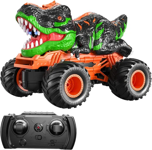 TEMI Camión T-rex a control remoto para niños de 3 a 5 años, camión monstruo a escala 1:24 con rugido, luz y niebla en aerosol, camión de dinosaurio