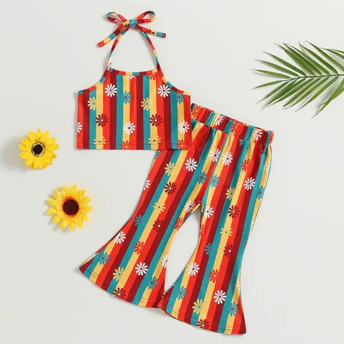 Miniatura 7 de TheFound Traje de verano para bebé niña pequeña, parte superior con cuello halter, pantalones acampanados, 2 piezas, ropa para recién nacidos