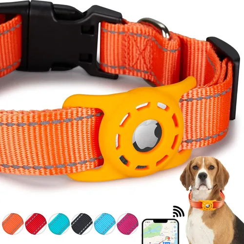 Collar reflectante para perro, compatible con AirTag, collar de nailon para perros pequeños, medianos, grandes y extra grandes Naranja