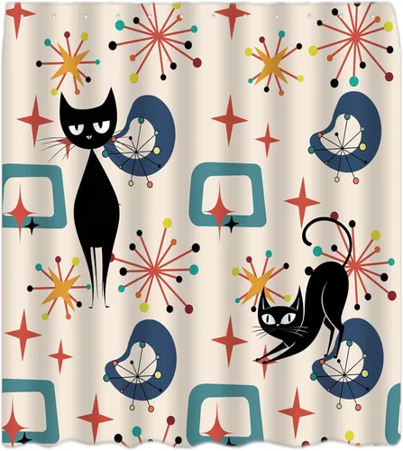 Mid Century Shower Curtain Vintage Cute Cat Modern Atomic Retro Abstract Geometric Classic 1950s 60s 70s Iconic Sputnik Decor Fabric Bathroom