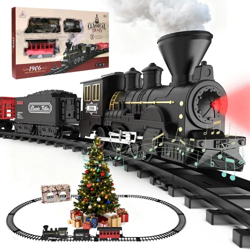 Juego de tren de árbol de Navidad de 15 piezas con humo, sonido y luces, pista elegante y vagones de pasajeros vintage para Navidad, juego de tren