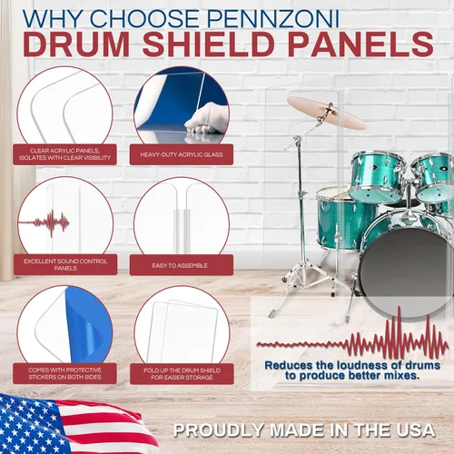 Miniatura 2 de PENNZONI Drum Shield de 5 pies con bisagras de plástico, viene con 3 paneles para tambor y bisagras de plástico, paneles de acrílico transparente